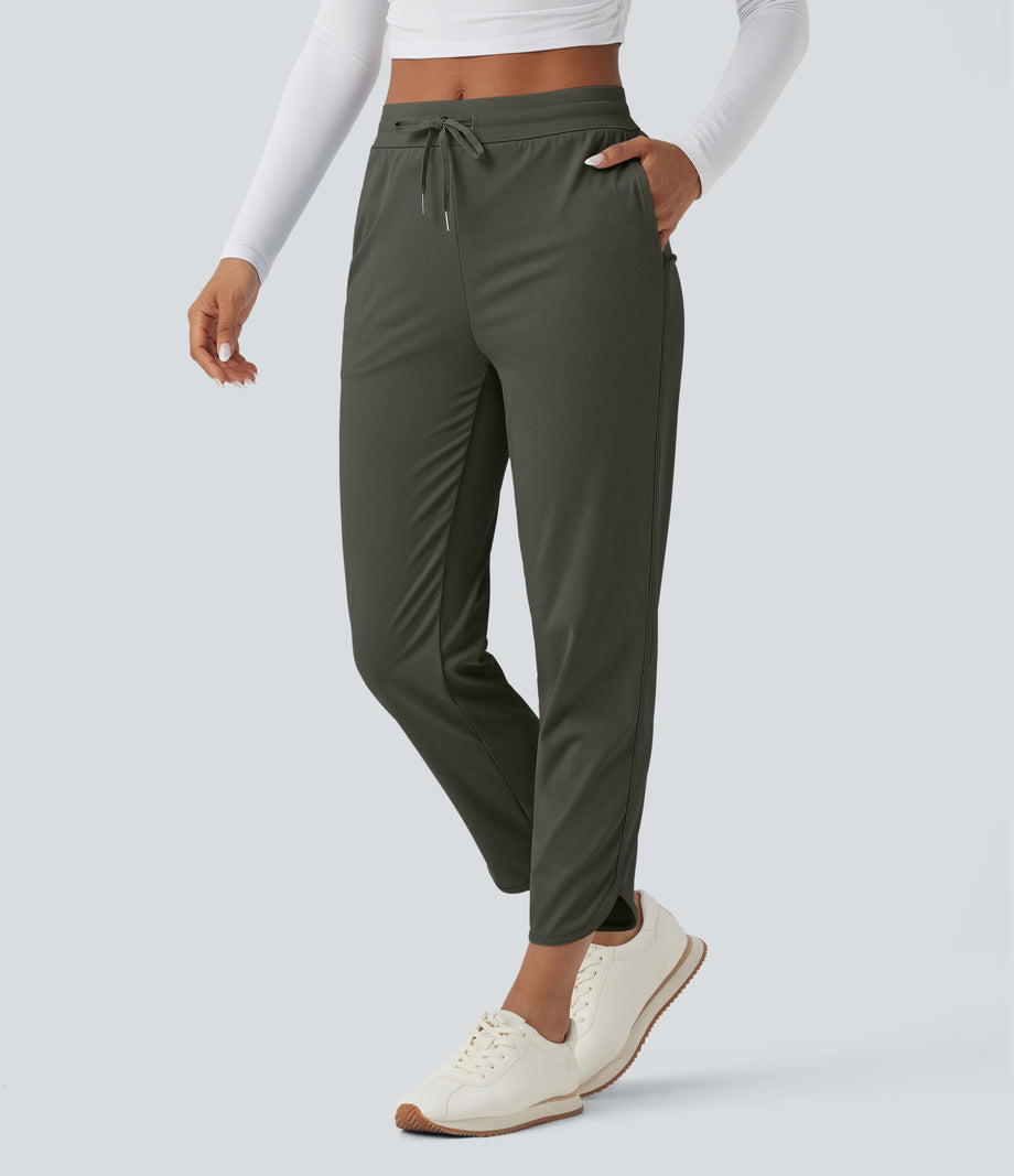 Mid Rise Drawstring Curved Hem Quick Dry Golf Tapered Pants with Pockets-UPF40+ - Forest Night
