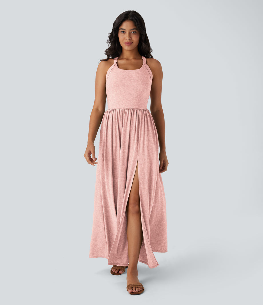 Twisted Backless Split Flowy Maxi Resort Dress with Pockets - Creole Pink Floral Yarn