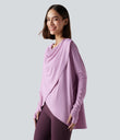 Hooded Cowl Neck Long Sleeve Thumb Hole Yoga Sports Top with Pockets - Orchid Bouquet