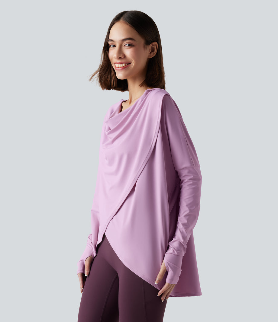 Hooded Cowl Neck Long Sleeve Thumb Hole Yoga Sports Top with Pockets - Orchid Bouquet