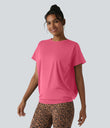 Round Neck Short Sleeve Ruched Cool Touch Yoga Sports Top-UPF50+ - Pink Lemonade