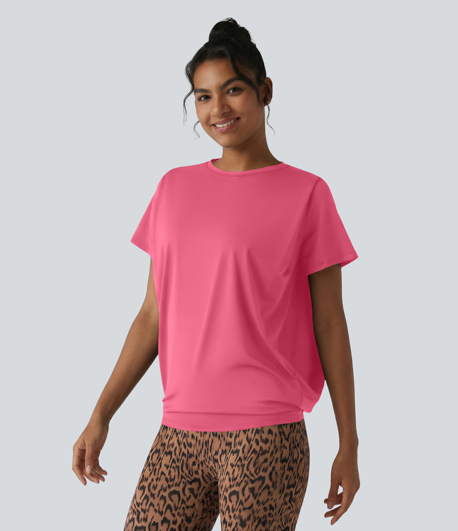 Round Neck Short Sleeve Ruched Cool Touch Yoga Sports Top-UPF50+ - Pink Lemonade