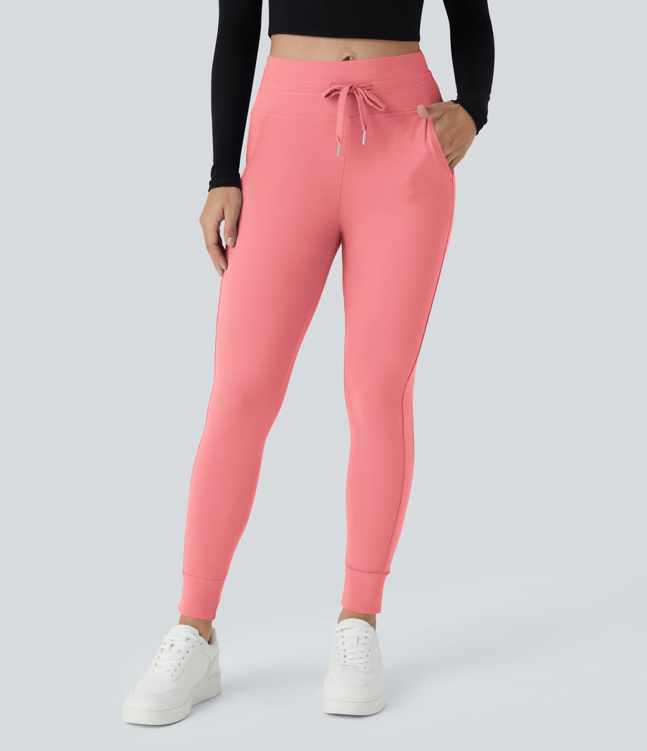 SoftlyZero™ Plush High Waisted Drawstring Pocket Plain Full Length Joggers - Shell Pink