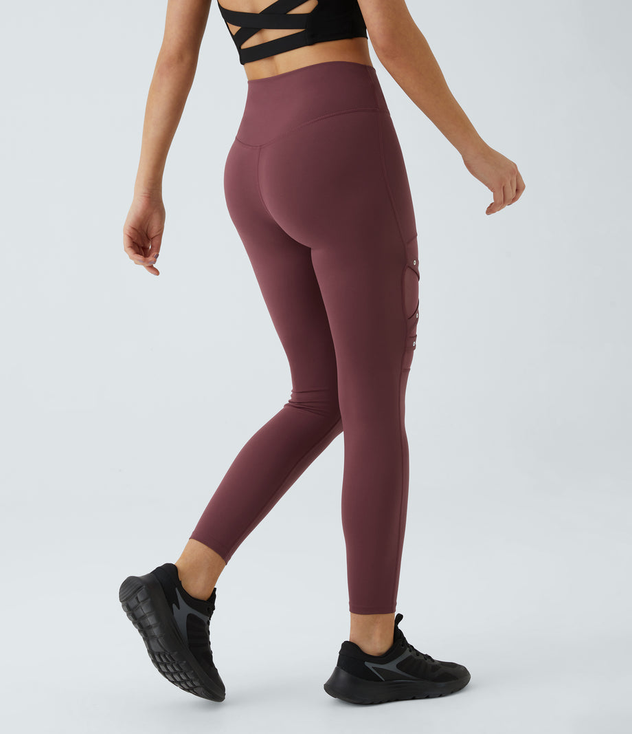 DayStretch High Waisted Crossover Contrast Mesh Decorative Buckle Yoga Leggings - Red Mahogany