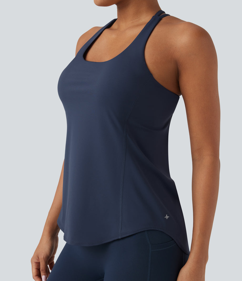 Halara UltraSculpt™ Round Neck Crisscross Back Running Tank Tops DD-F Cups - Mood Indigo