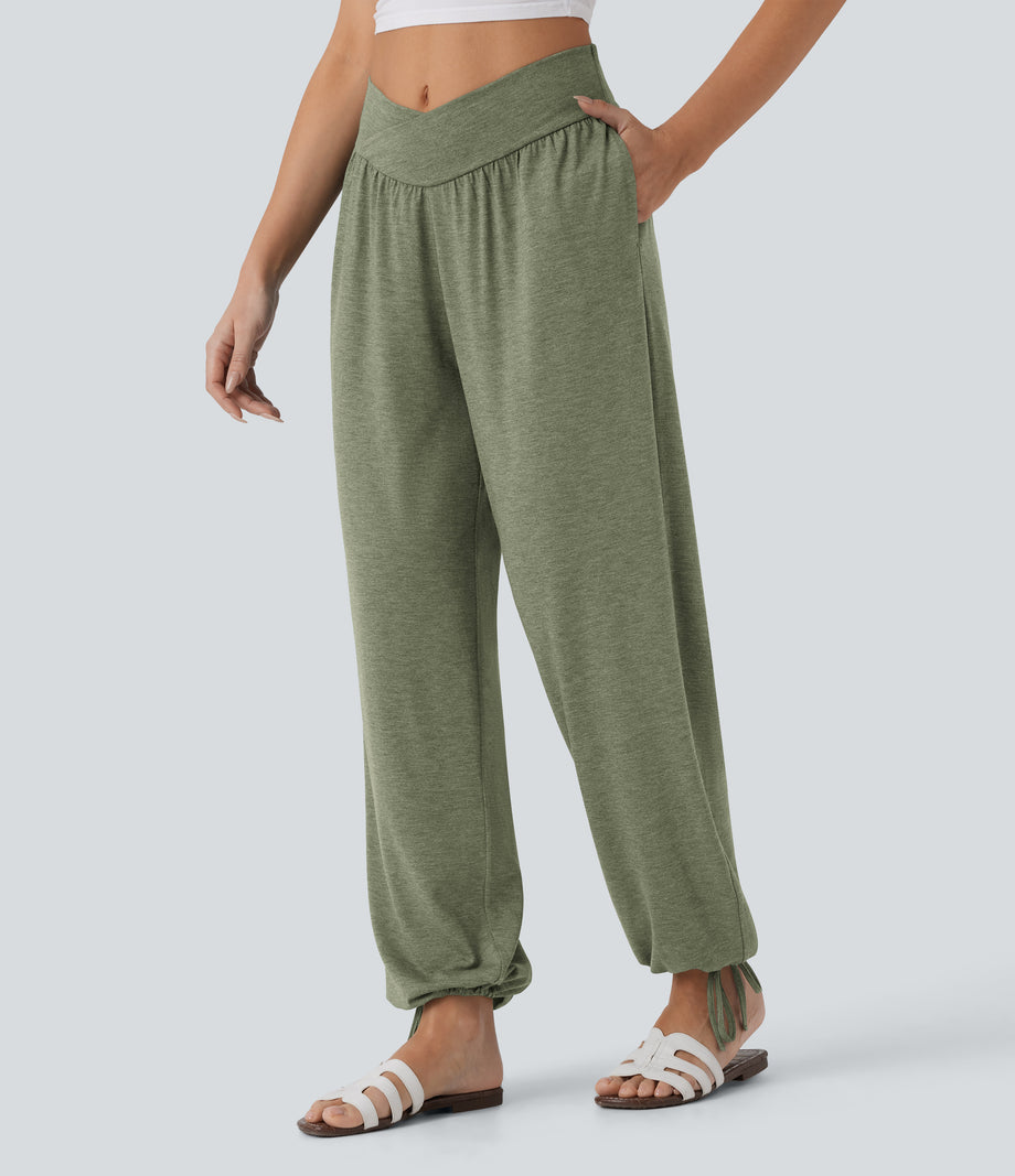 Crossover High Waisted Pocket Drawstring Casual Joggers - Light Green Floral Yarn