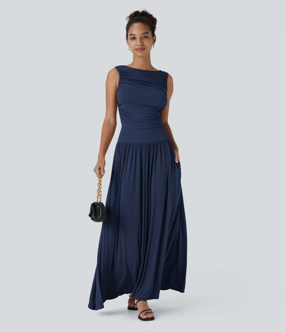 Ribbed Boat Neck Asymmetric Strap Ruched Pocket Flowy Maxi Casual Dress - Nightfall Blue