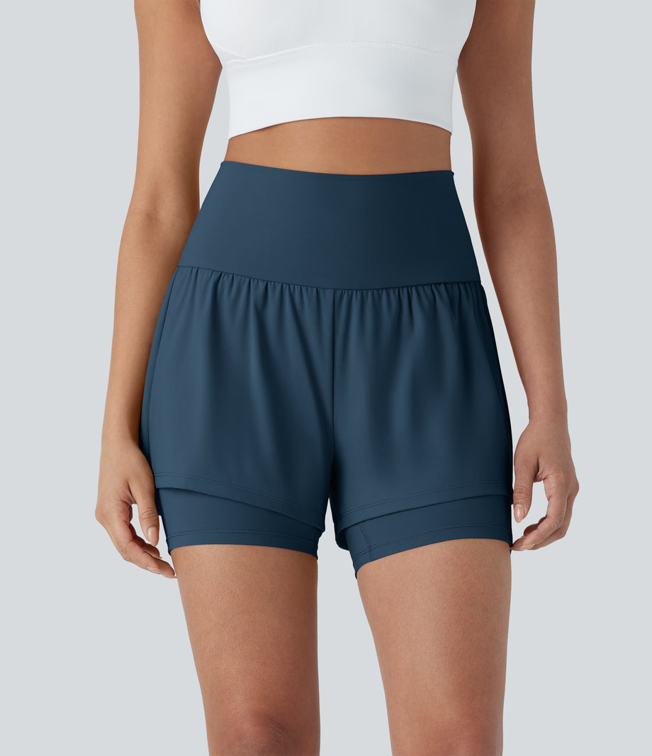 SoftlyZero™ Airy Super High Waisted 2-in-1 Cool Touch Yoga Shorts 5'' with Pockets - Majolica Blue
