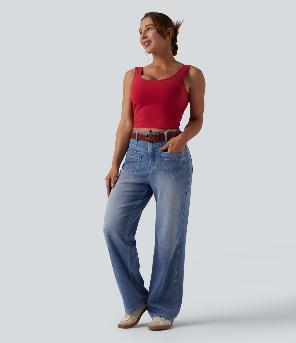 Halara Flex™ Mid Rise Straight Leg Casual Jeans with Pockets - Powder Blue Denim