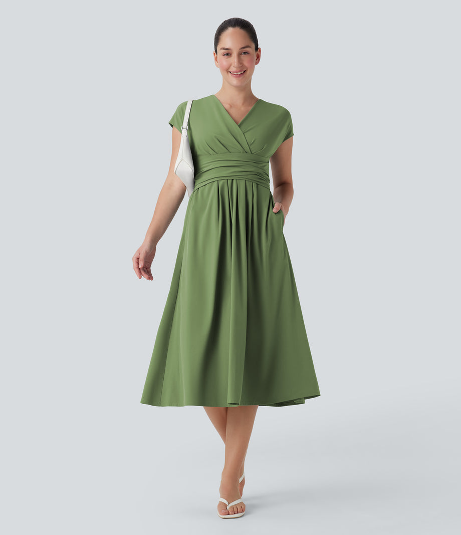 Breezeful™ V Neck Short Sleeve Pocket Tie Back Quick Dry Midi Casual Dress - Hot Wasabi - Green
