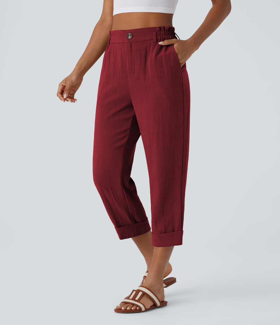 High Waisted Zipper Pocket Cropped Linen-Feel Pants - Biking Red
