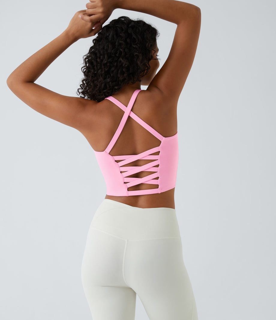 Crisscross Backless Built-in Bra Cropped Running Tank Top A-D Cups - Lagerstroemia Powder