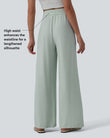 High Waisted Drawstring Wide Leg Casual Linen-Blend Pants with Pockets - Aqua Gray