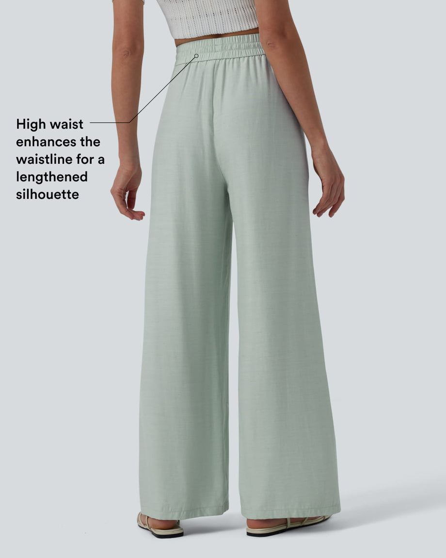 High Waisted Drawstring Wide Leg Casual Linen-Blend Pants with Pockets - Aqua Gray