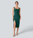 SoftlyZero™ Airy Square Neck Backless Corset Ruched Split Bodycon Midi Cool Touch Bridesmaid and Wedding Guest Dress - Forest Biome