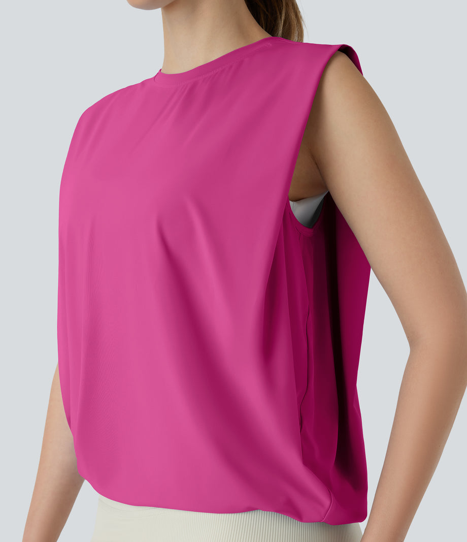 Round Neck Ruched Cool Touch Yoga Tank Top-UPF50+ - Fuchsia Fedora