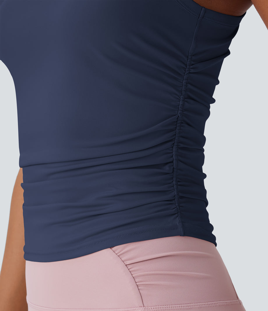 Round Neck Racerback Ruched Yoga Tank Top - Spellbound