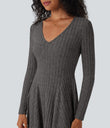 Ribbed Knit V Neck Long Sleeve Flare Mini Casual Dress with Pockets - Mottled Dark Gray