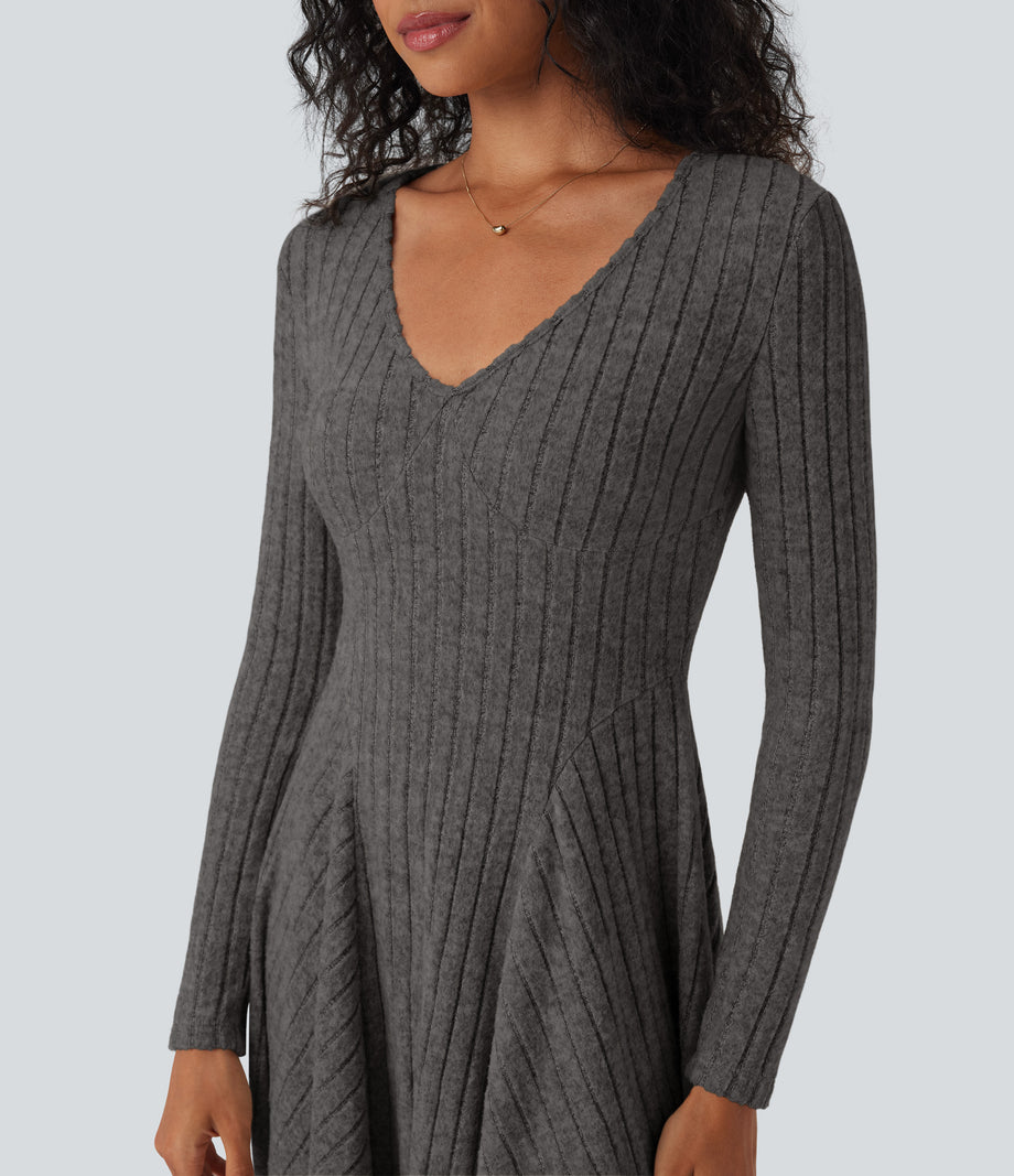 Ribbed Knit V Neck Long Sleeve Flare Mini Casual Dress with Pockets - Mottled Dark Gray