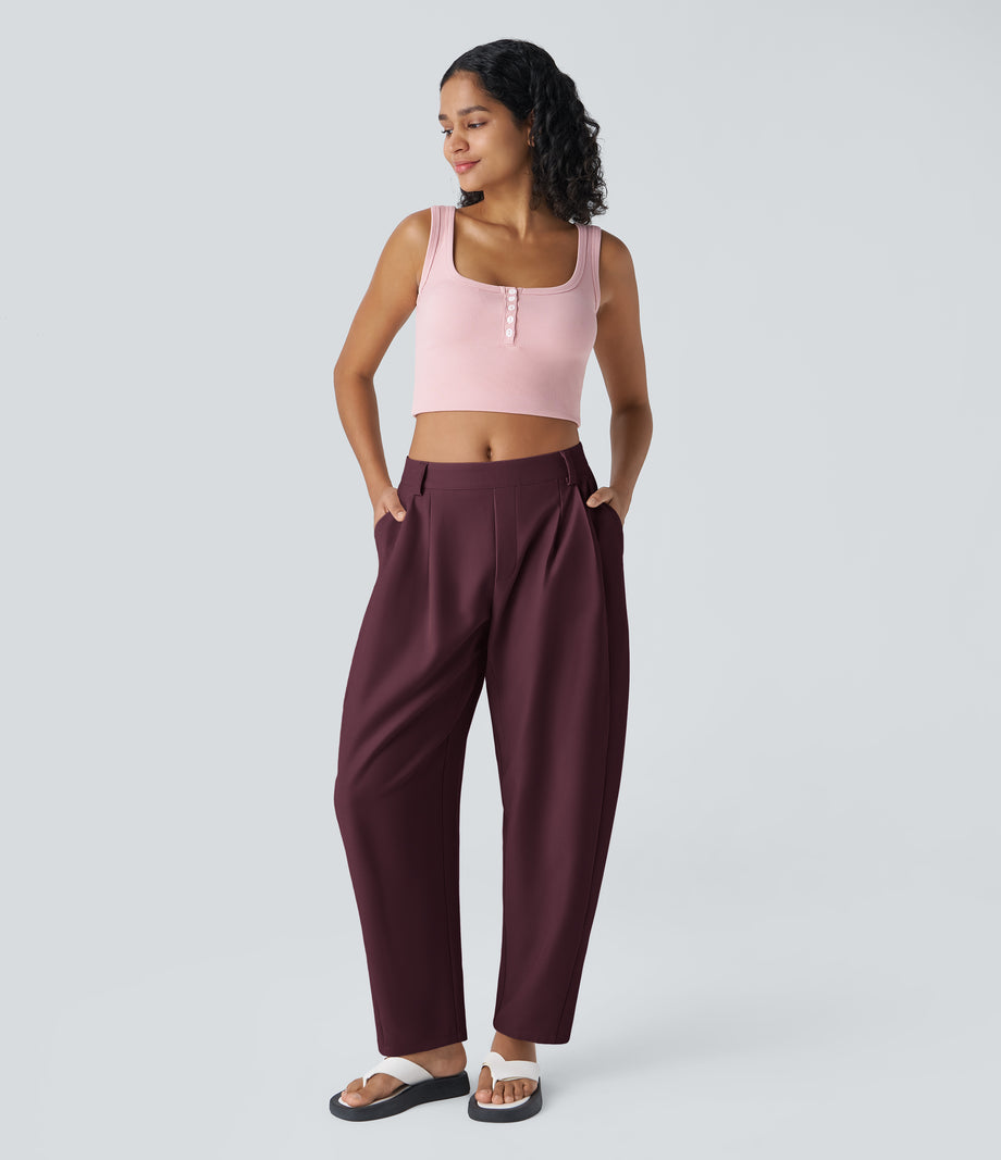 Mid Rise Pocket Barrel Leg Baggy Work Pants - Vineyard Wine