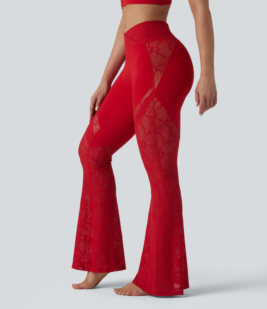 SoftlyZero™ High Waisted Crossover Pocket Contrast Lace Flare Yoga Leggings - Salsa
