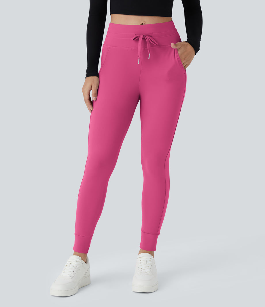 SoftlyZero™ Plush High Waisted Drawstring Pocket Plain Full Length Joggers - Fuchsia Purple