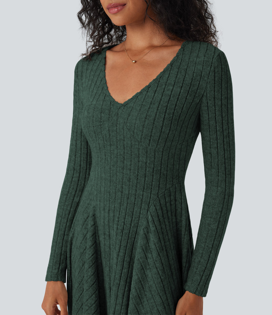 Ribbed Knit V Neck Long Sleeve Flare Mini Casual Dress with Pockets - Mottled Greenlake