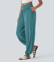 Crossover High Waisted Pocket Drawstring Casual Joggers - Stone Green Floral Yarn