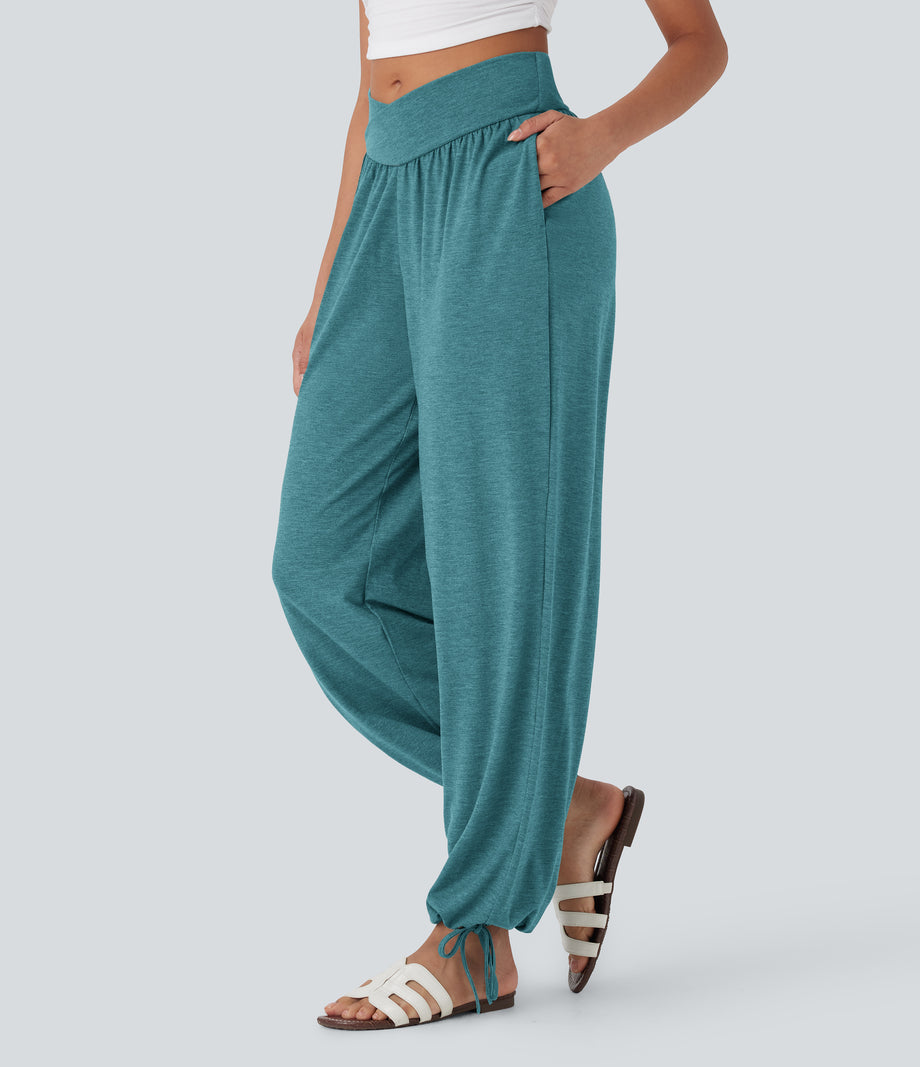 Crossover High Waisted Pocket Drawstring Casual Joggers - Stone Green Floral Yarn