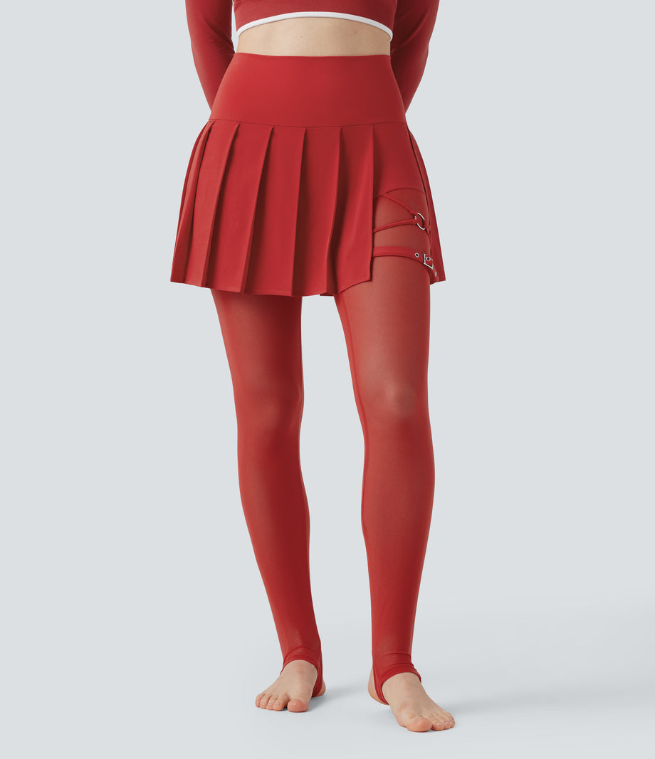 Breezeful™ High Waisted Pleated 2-in-1 Contrast Mesh Quick Dry Dance Stirrup Skirted Leggings with Pockets - Pompeian Red