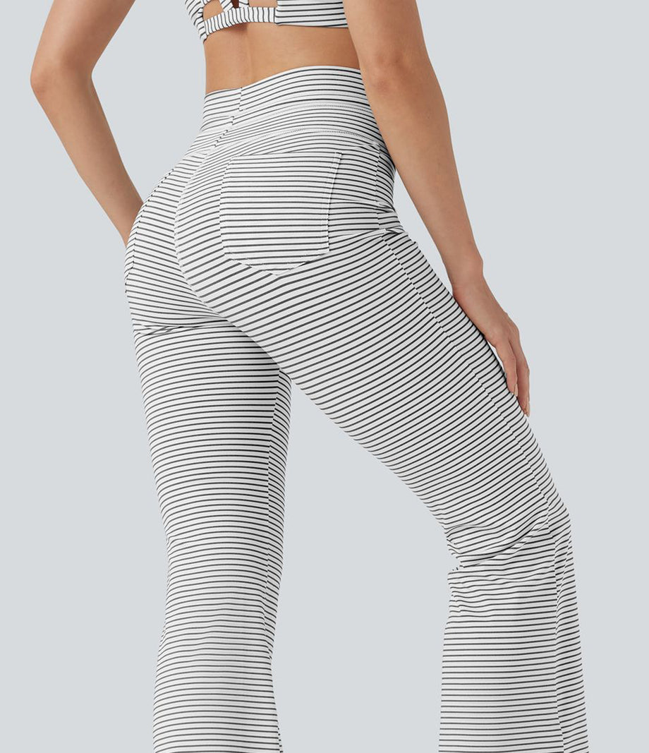High Waisted Drawstring Stripe Flare Yoga Pants with Pockets - Zebra Ripple