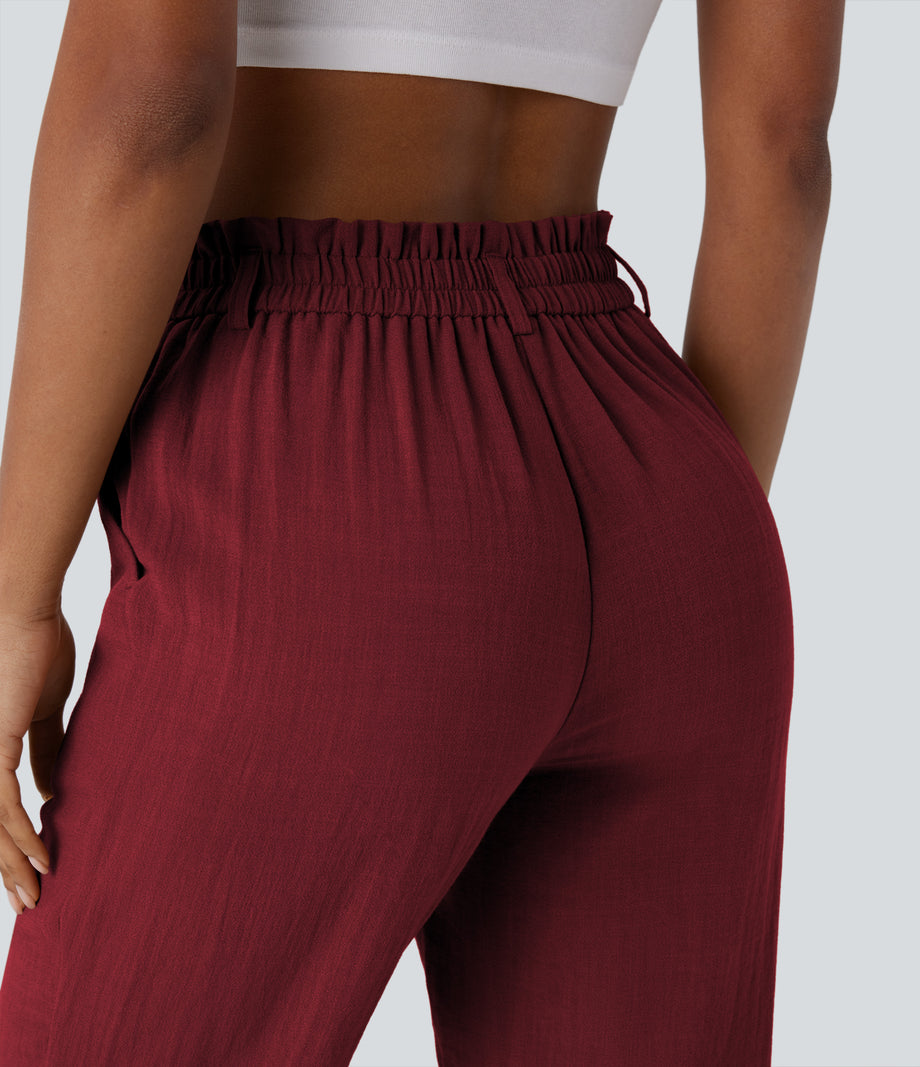 High Waisted Zipper Pocket Cropped Linen-Feel Pants - Biking Red