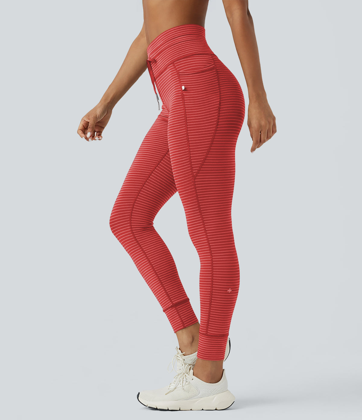 High Waisted Drawstring Striped Yoga Leggings with Pockets - Sunset Coral