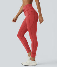 High Waisted Drawstring Striped Yoga Leggings with Pockets - Sunset Coral