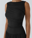 Ribbed Boat Neck Asymmetric Strap Ruched Pocket Flowy Maxi Casual Dress - Black