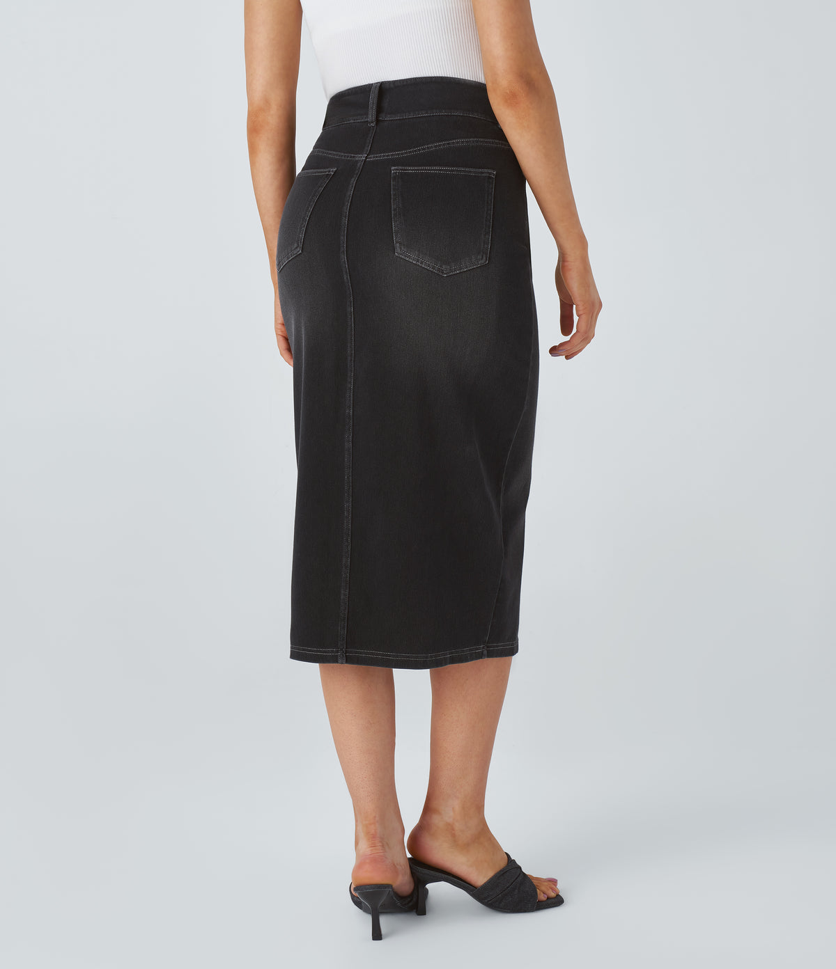Halara Flex™ High Waisted Pockets Bodycon Washed Denim Casual Midi Skirt - Carbon Paint Denim