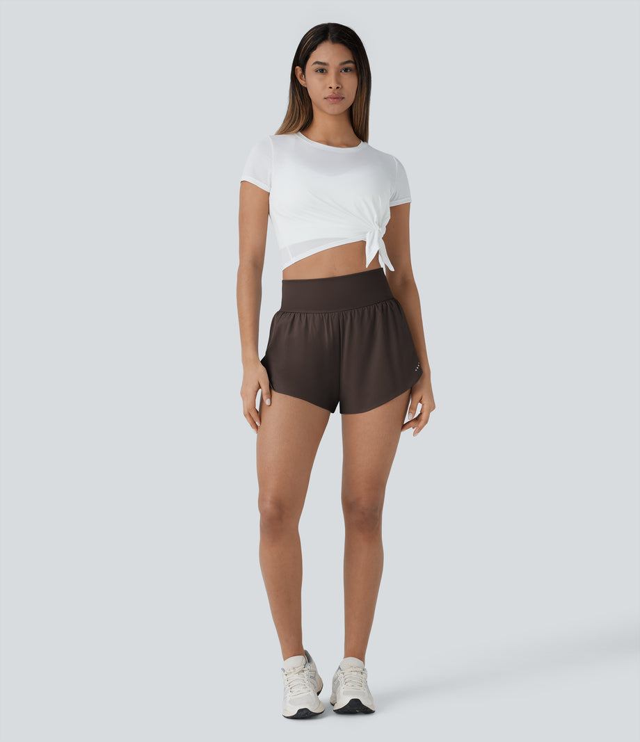 SoftlyZero™ QuickDry High Waisted Tummy Control Reflective Dots Crossover Hem 2-in-1 Running Shorts 3'' with Pockets - Hot Fudge