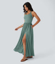 Twisted Backless Split Flowy Maxi Resort Dress with Pockets - Misty Pale Blue