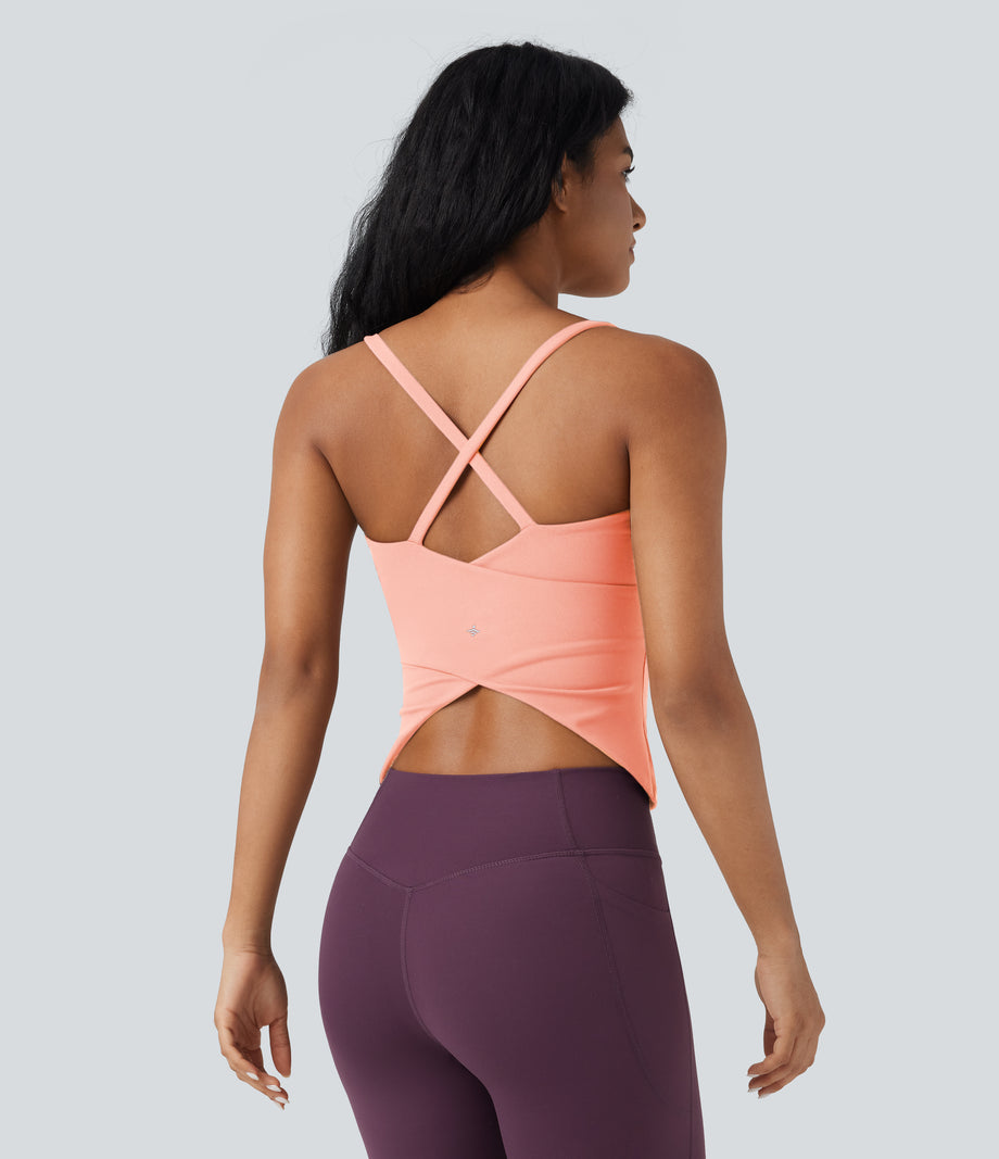 Scoop Neck Crisscross Back Crossover Hem Yoga Cami Top - Blush Pink