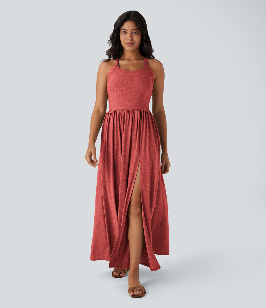 Twisted Backless Split Flowy Maxi Resort Dress with Pockets - Poinsettia Floral Yarn