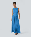 Ribbed Boat Neck Asymmetric Strap Ruched Pocket Flowy Maxi Casual Dress - Clear Sunny Blue