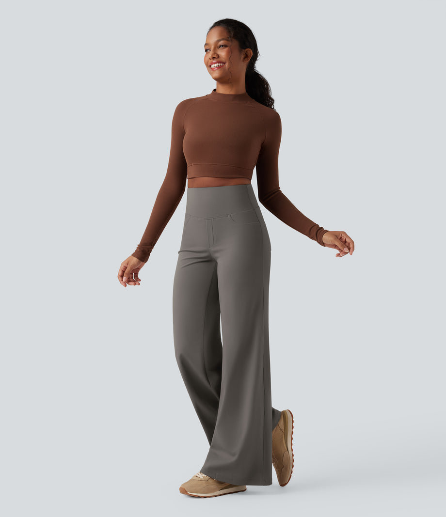 DayStretch High Waisted Tummy Control Wide Leg Baggy Yoga Pants with Pockets - Deep Red Grey