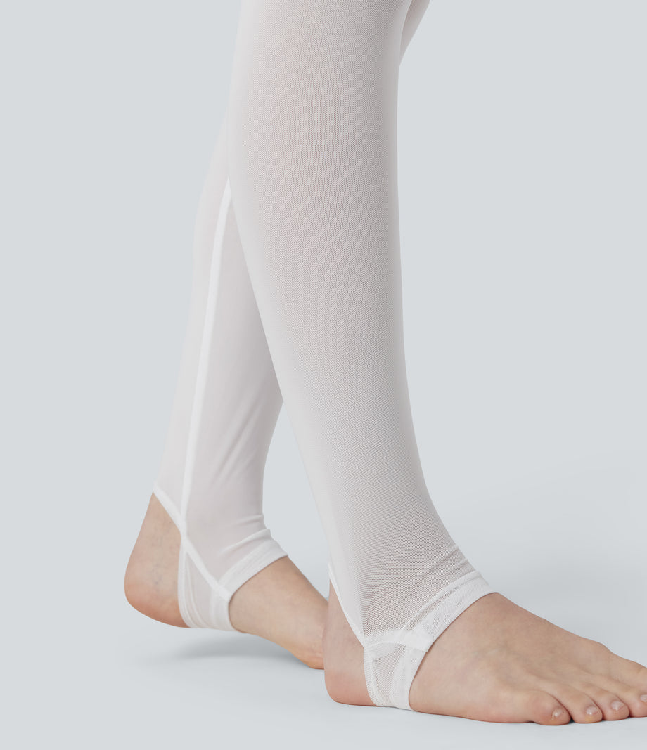 Breezeful™ High Waisted Pleated 2-in-1 Contrast Mesh Quick Dry Dance Stirrup Skirted Leggings with Pockets - White