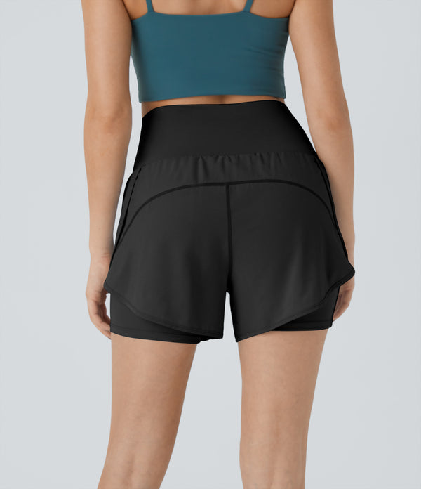 Breezeful™ Super High Waisted Curved Hem 2-in-1 Pocket Quick Dry Yoga Shorts 3.5'' - Black