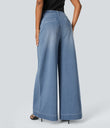 Halara Flex™ High Waisted Pockets Washed Casual Wide Leg Jeans - Azure Blue Denim
