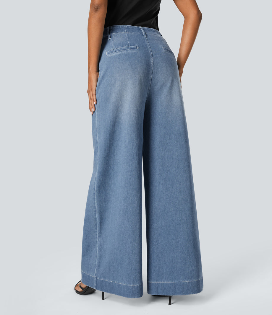 Halara Flex™ High Waisted Pockets Washed Casual Wide Leg Jeans - Azure Blue Denim