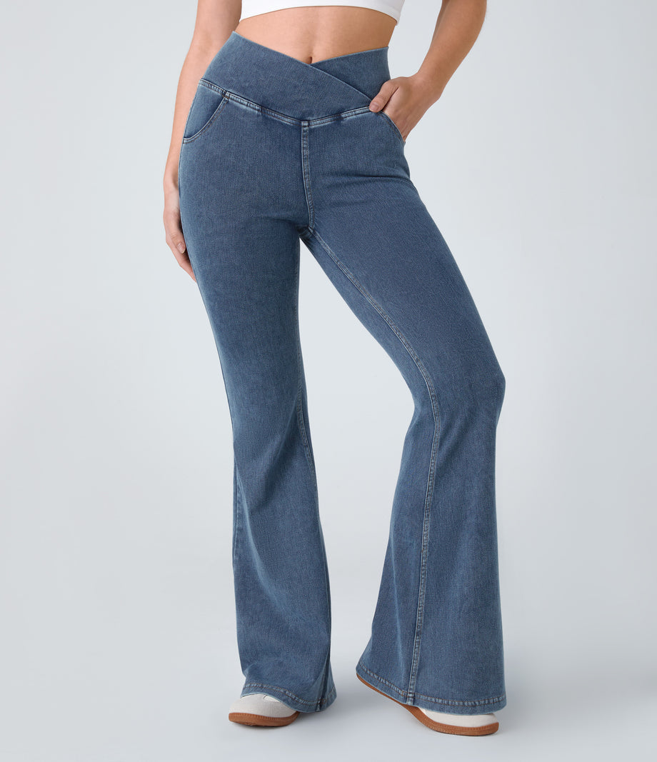 Halara Flex™ High Waisted Crossover Pocket Cool Touch Washed Casual Jeans - Nettle Blue Denim
