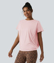 Round Neck Short Sleeve Ruched Cool Touch Yoga Sports Top-UPF50+ - Primrose Pink