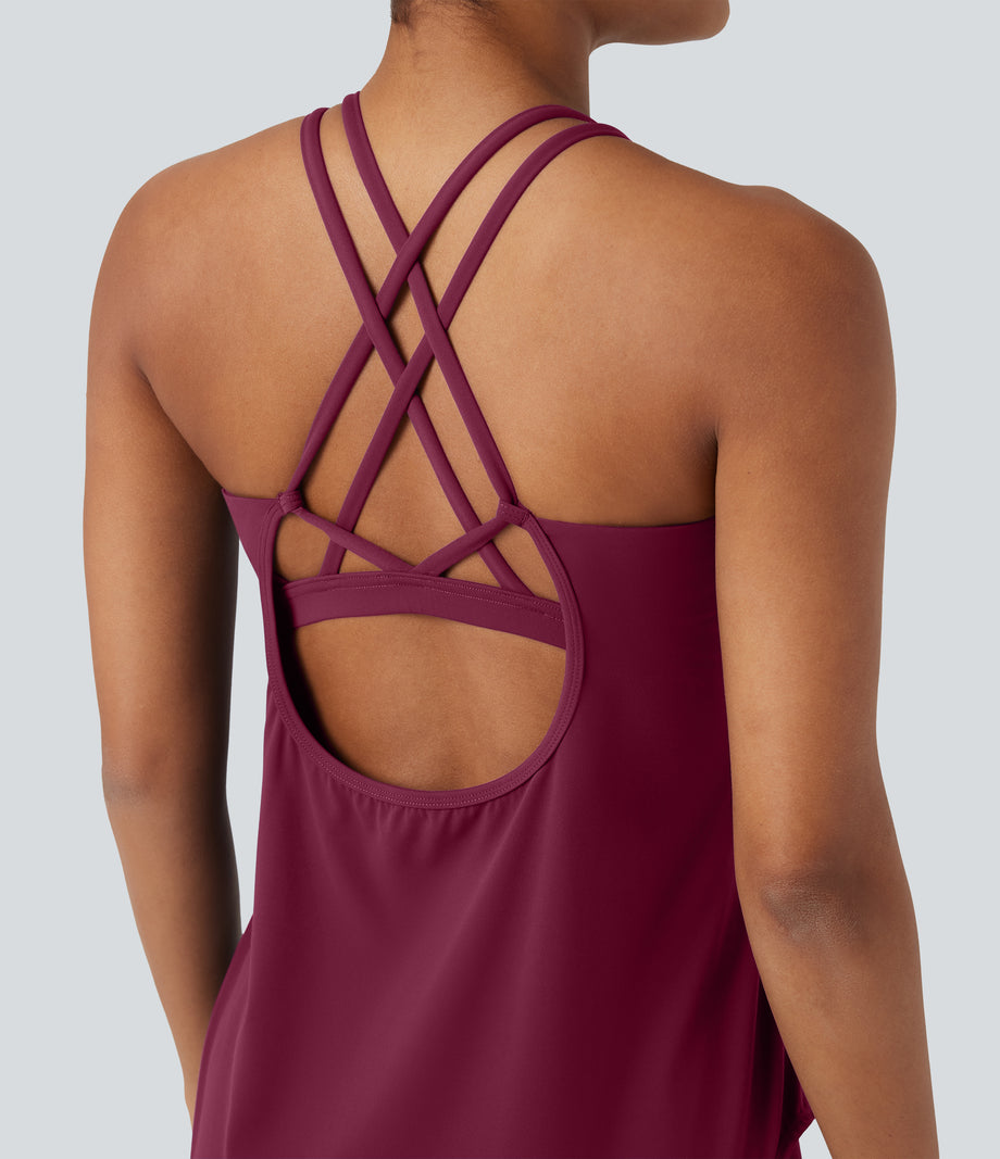 Halara UltraSculpt™ Round Neck Crisscross Back Running Tank Tops DD-F Cups - Red Plum