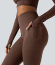 Halara Ultrasculpt™ Heat High Waisted Tummy Control Crossover Back Fleece Running Leggings with Pockets - Pinecone